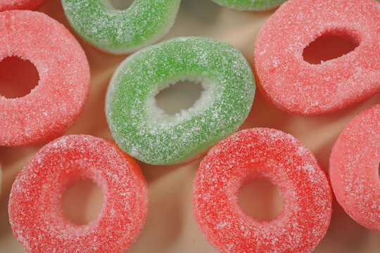 Colorful gummy candy rings on a table