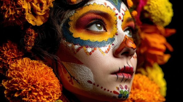 Vibrant ceremonial face paint adorns a woman surrounded by bright orange blossoms against darkness