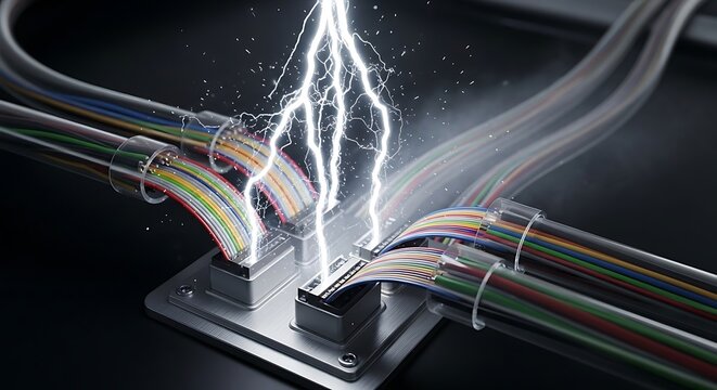 Electrical energy surge connecting multiple cables creating a powerful lightning spark in a futuristic technology concept