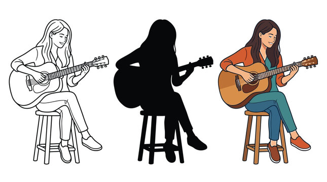 Illustration of a young woman sitting on a stool playing an acoustic guitar shown in three different styles including color line art and solid black silhouette