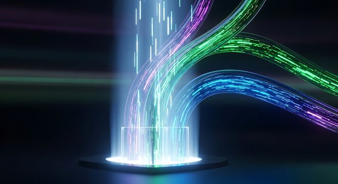 Abstract glowing fiber optics streams converge into a central light source representing data transfer and digital connection