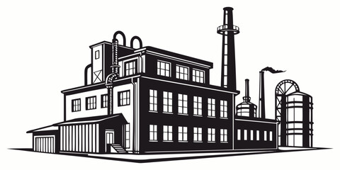 Graphic illustration of a factory building with silos and smoke stack industry industrial building manufacturing production architecture facility business pollution infrastructure workplace © Ruhi