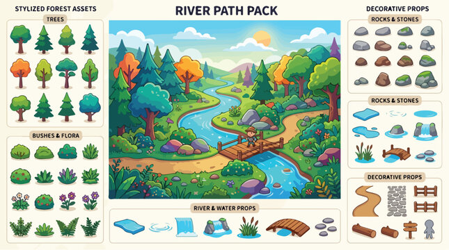 Stylized forest assets and river path pack, cartoon nature landscape elements with trees and rocks, game design environment vector kit