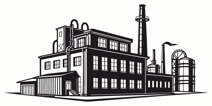 Graphic illustration of a factory building with silos and smoke stack industry industrial building manufacturing production architecture facility business pollution infrastructure workplace