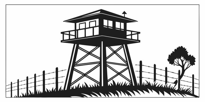 Monochrome vector graphic of a military watchtower and barbed wire fence with watchtower military security fortification observation restricted protection structure isolation territory