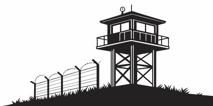 Silhouette style illustration of a security watchtower and barbed wire boundary with watchtower security fortification military observation protection restricted structure isolation territory