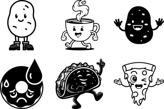 Cute cartoon food and drink characters smiling and running around happily together