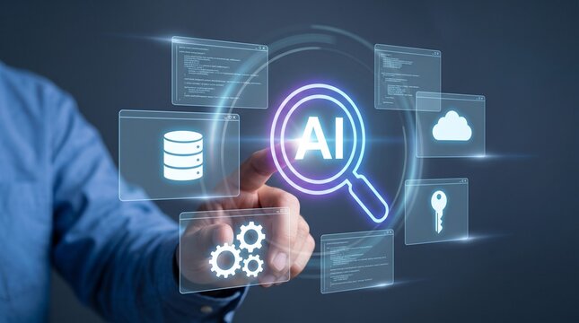 Programmer hand touch digital hologram AI Coding generation data automation development programming software technology optimization system cloud database network connection interface