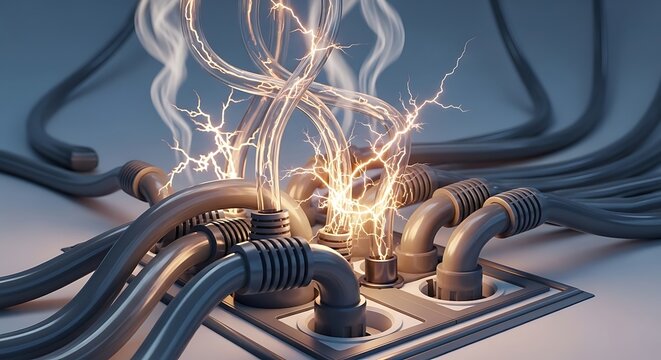 High voltage electrical energy flowing through complex wiring system sparks and smoke from overloaded power supply abstract concept