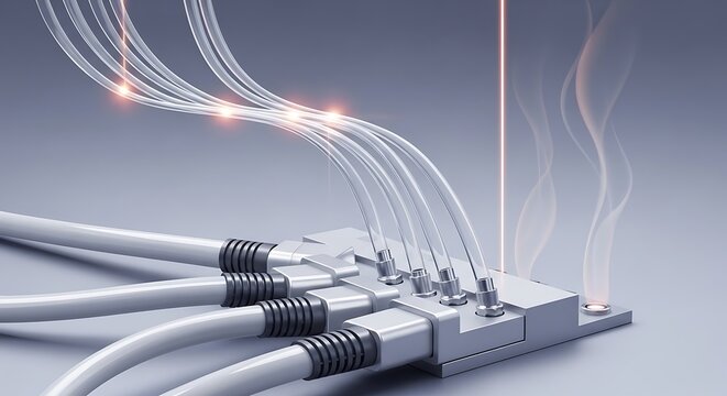 Computer network cables connected to a router with sparks and smoke indicating an overload or malfunction