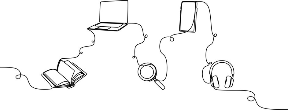 Continuous onContinuous line drawing of workspace elements laptop book headphone magnifier vectore line drawing o...