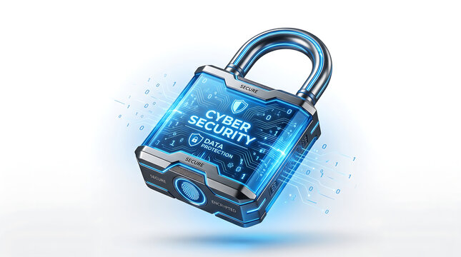 Cyber security padlock with digital circuit board, floating in mid-air, white background, futuristic mood