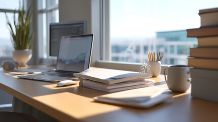 Fototapeta premium Modern workspace with laptop, books, and stationery showcasing a bright and inviting office environment with natural light and organized setup