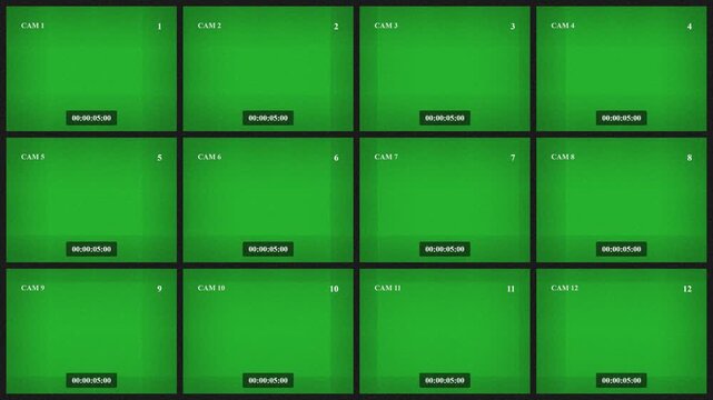 Security monitor multiviewer grid with 12 camera viewports and green screen chroma key placeholders for surveillance system video production.