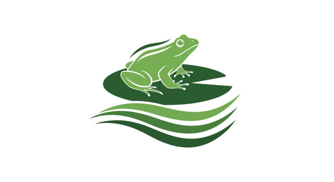 Illustrated Green Frog Resting on Water Lily Leaf.