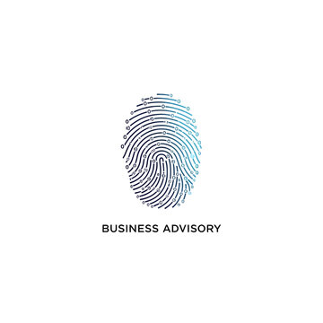 Business advisory logo with digital fingerprint and binary code
