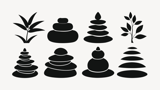 Zen stone silhouette icons set, 15 black pebble stack vector elements, minimalist spa and wellness basalt rock symbols with bamboo leaves
