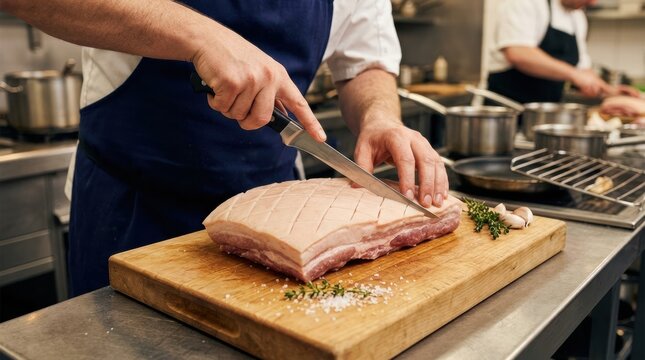 A chef scoring the skin of a pork belly with a sharp knife, creating a crosshatch pattern that will become crispy crackling when roasted. The knife blade reflects light, the fat is white and thick.