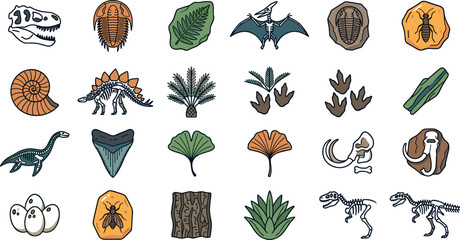 Prehistoric Dinosaur Fossils and Ancient Extinct Animals Colorful Vector Icon Set for Paleontology and Science Design © MdImran