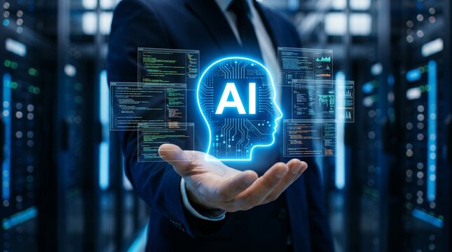 Programmer hand holding AI agent hologram. Artificial intelligence software projects code generation network for intelligent application development, automated test analysis, and system workflow. 