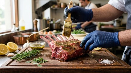 Obraz premium A chef's gloved hands applying a wet marinade of olive oil, lemon juice, garlic, oregano, and rosemary to a rack of lamb. The marinade drips, and the meat is deep red. Fresh rosemary sprigs sit nearby