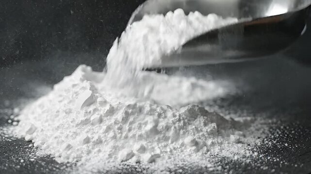 White Powder Being Scooped From Metal Spoon Onto Surface.