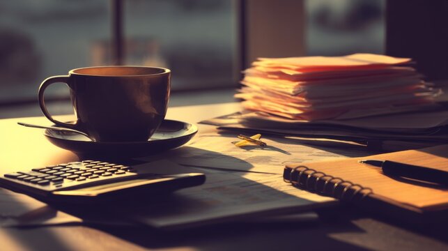 Warm coffee cup on desk with calculator, notepad, papers, and pin in soft sunlight creating a cozy, productive workspace atmosphere
