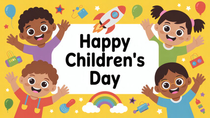 Fototapeta premium Happy Children’s Day celebration poster with kids, rainbow, balloons and playful cartoon elements