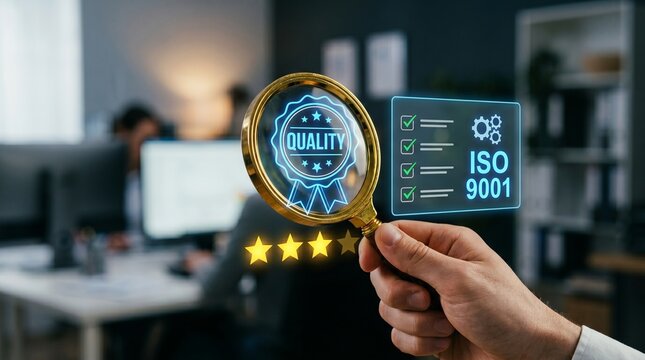 Businessman inspecting digital iso certification standard for quality assurance compliance. Virtual management control system guaranteeing excellence. Business inspection data with 5 star approval. 