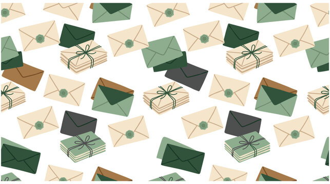 Vintage envelopes and letter stacks seamless pattern background.