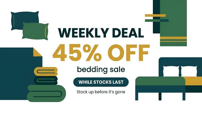 Colorful bedding and pillows weekly sale advertisement design.