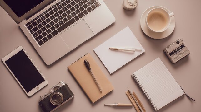 Modern workspace with laptop, smartphone, coffee cup, camera, stationery, and notepad on minimalist desk surface for creative inspiration and productivity