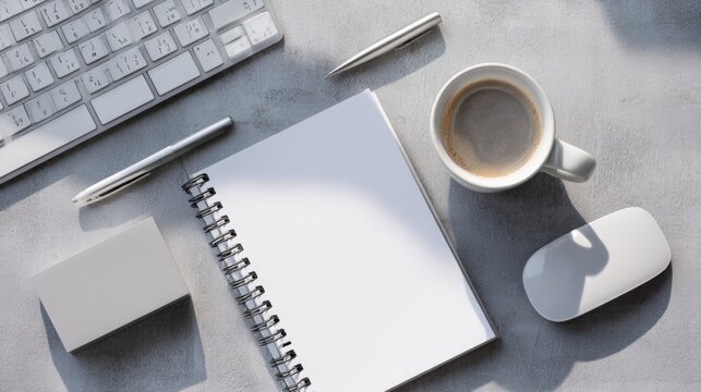 Modern workspace setup with coffee cup, notebook, keyboard, pens, and mouse on a light gray table, ideal for productivity and creative inspiration