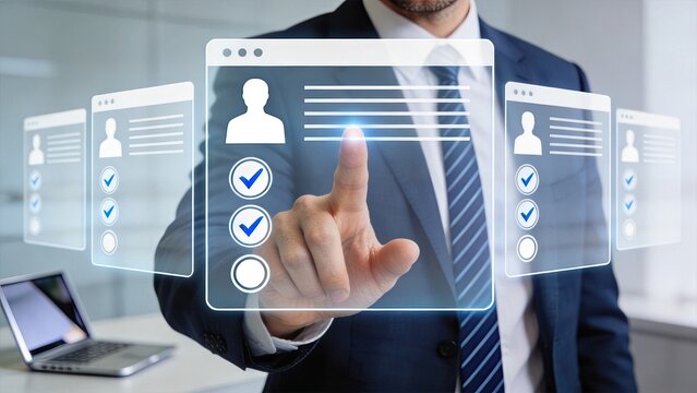 Man hand touching futuristic holographic interface screen displaying candidate profiles with checkmarks, recruitment process concept for human resources, hiring selection and