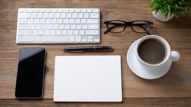 Modern workspace with keyboard, smartphone, coffee cup, notepad, pen, and glasses on wooden table for productivity and creativity themes