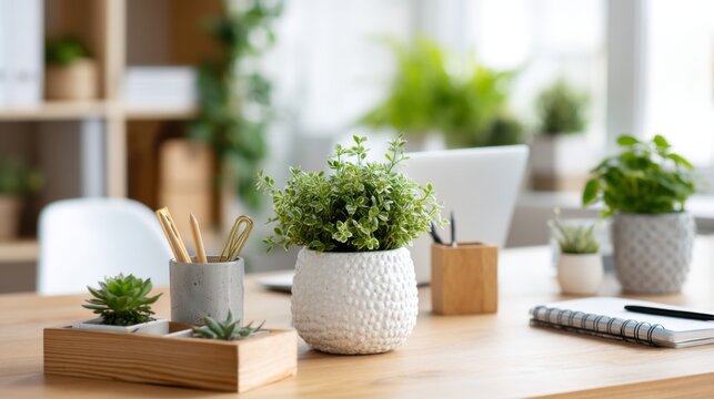 Aesthetic home office desk with green plant, modern laptop, stationery, notebooks, minimalistic decor and natural light for creative workspace inspiration