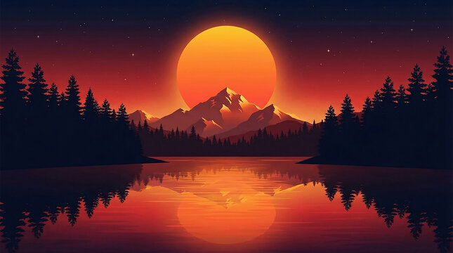 Pixel art sunset over mountains and lake with pine trees digital art mountains landscape reflection illustration peaceful silhouette abstract