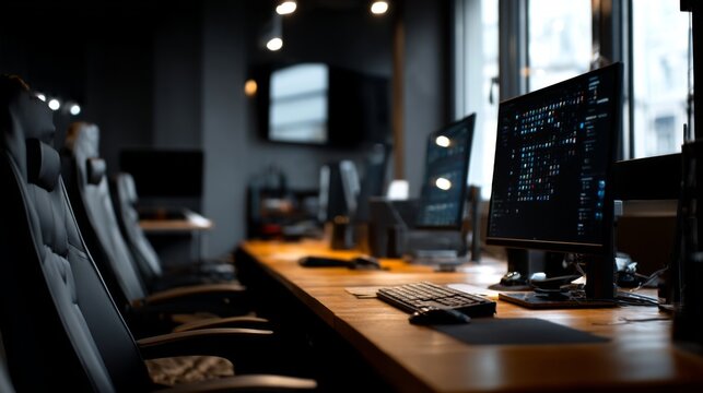 Modern office interior with sleek furniture, computer screens displaying data, and ambient lighting in a tech environment, perfect for creative workspaces and collaboration