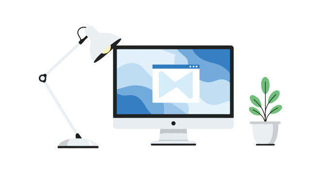 A minimalist vector illustration of a desk setup featuring a white lamp, a computer monitor with a blue screen, and a small potted plant.