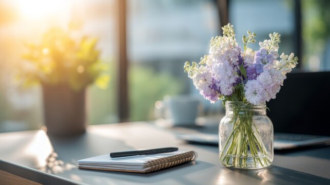 Beautiful blooming flowers in a glass vase on a wooden desk with notepad and pen, natural light illuminating workspace with greenery in background