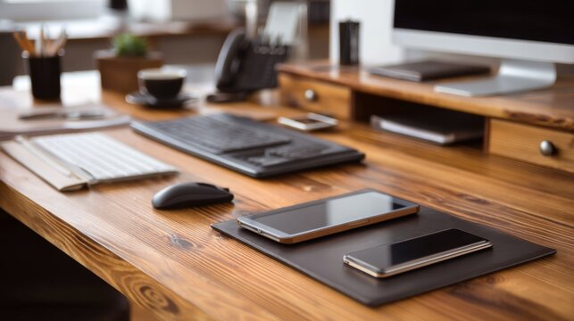 Modern wooden desk workspace with electronic devices, computer monitor, keyboard, notebooks, and office supplies in a bright and organized environment