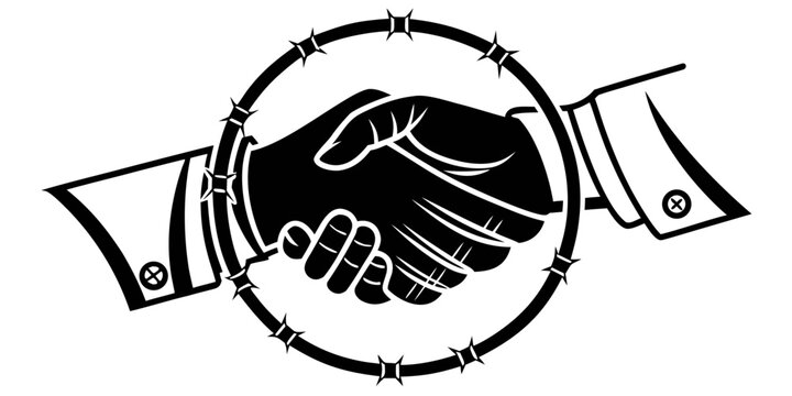 Handshake encircled by barbed wire conceptual graphic with handshake agreement conflict business negotiation cooperation restriction illustration conceptual partnership difficulty challenge