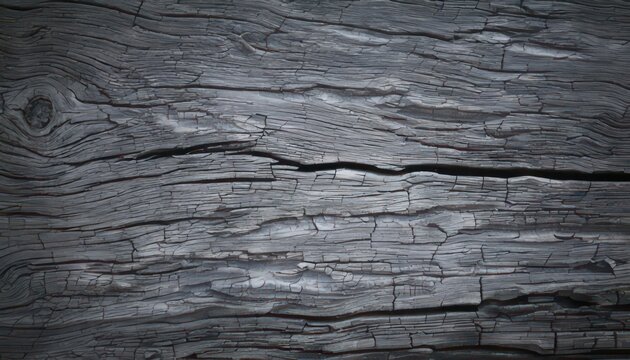 Close-up of weathered, textured, dark gray wood grain, showing cracks and knots.
