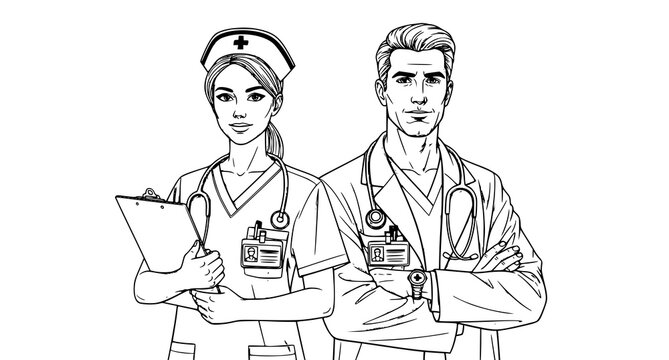 Female nurse and male doctor posing confidently with clipboards line art black and whi