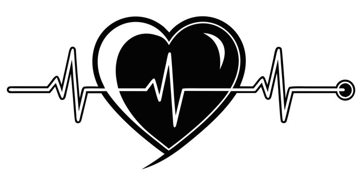 Black heart icon with continuous ekg heartbeat pulse line heartbeat cardiogram vitality medicine healthcare clinical illustration diagnostic hospital wellness cardiology analysis physical