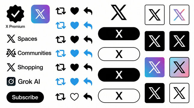 X branding and logo icon set containing premium checkmark communities shopping grok ai and social interaction buttons editable line icons vector illustration for modern web and mobile application.