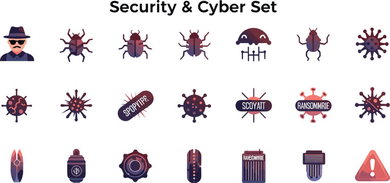 Cyber Security Malware Icon Set With Virus Bug Spyware Ransomware Warning And Threat Protection Vector Illustration