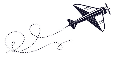 Vintage propeller airplane flying with decorative dotted flight paths airplane propeller aviation aircraft transport illustration isolated background navigation movement trajectory © Abu