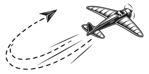 Vintage propeller airplane flying past paper airplane sketch graphic with airplane propeller transport aviation illustration isolated background imagination creative adventure navigation © Abu