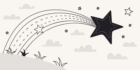Doodle style illustration of a shooting star trailing across a cloudy night sky over a grassy hill with shooting landscape illustration celestial astronomy minimalist nighttime whimsical © Abu
